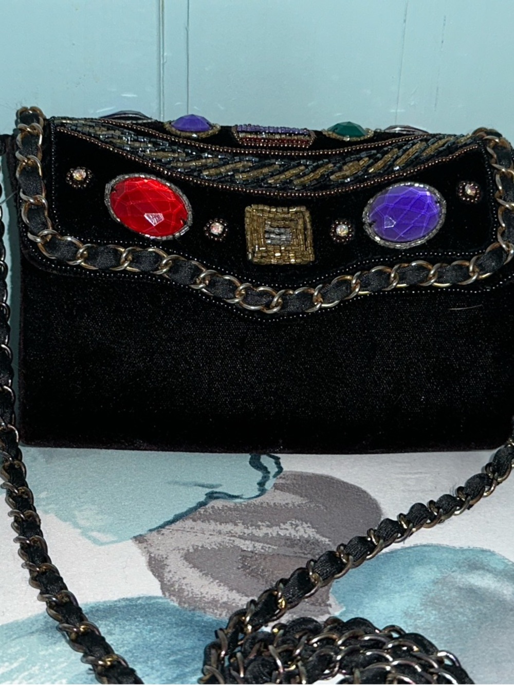 MAGID - Hand Made, Black Velvet Evening Clutch with Multicolor Gem Accents - Picture 2 of 11